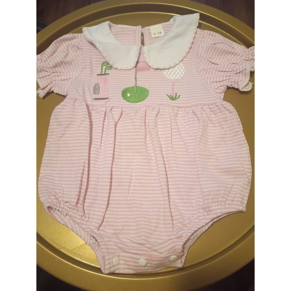 Baby Girl Pink Striped Golf Embroidery Bubble Romper Peter Pan Collar 0-3M